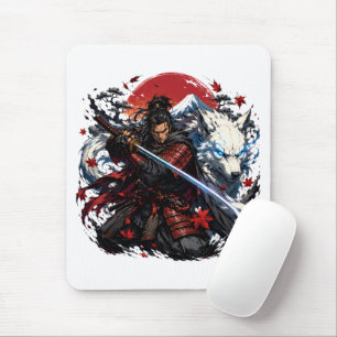 Samurai and White Wolf Mug Japanese Warrior Fant Mouse Pad