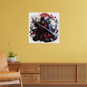 Samurai and White Wolf Mug Japanese Warrior Fant Poster