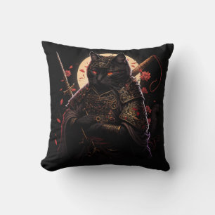 Samurai Black Cat Throw Pillow