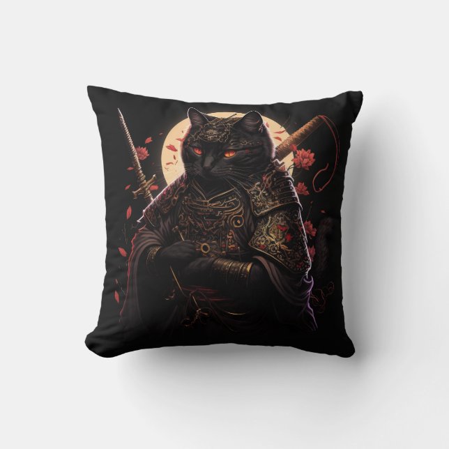 Samurai Black Cat Throw Pillow (Front)