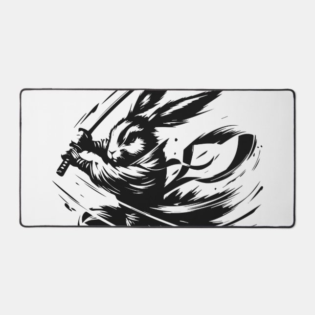 Samurai Bunny Black Ink Warrior Rabbit Desk Mat (Front)