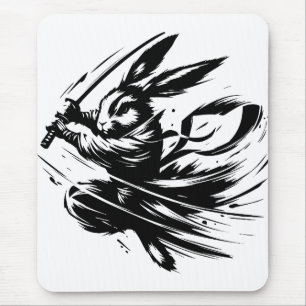 Samurai Bunny Black Ink Warrior Rabbit Mouse Pad