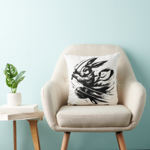 Samurai Bunny Black Ink Warrior Rabbit Throw Pillow