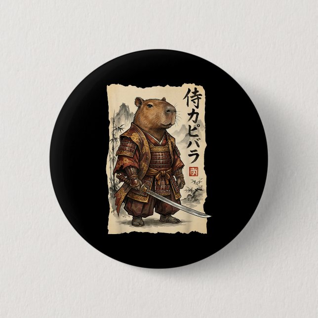Samurai Capybara Japanese Art Vintage Graphic Funn Button (Front)