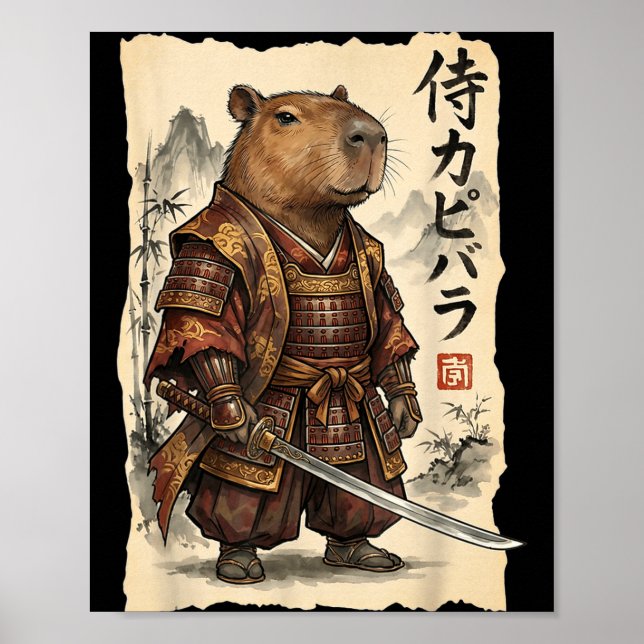 Samurai Capybara Japanese Art Vintage Graphic Funn Poster (Front)