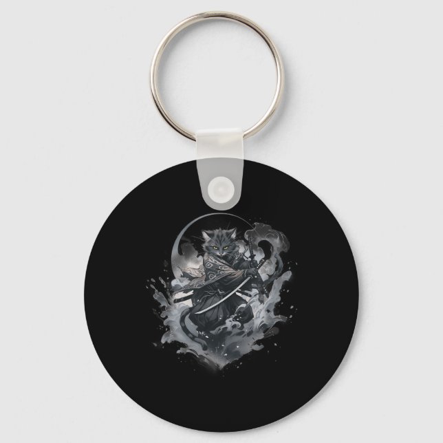 Samurai Cat Anime Japanese Ninja Warrior Aesthetic Keychain (Front)