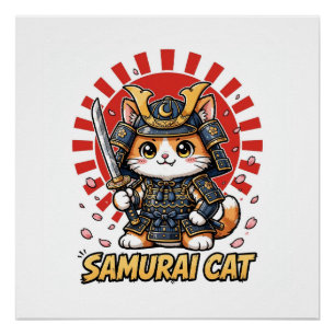 Samurai Cat Anime Japanese Warrior Cherry Poster