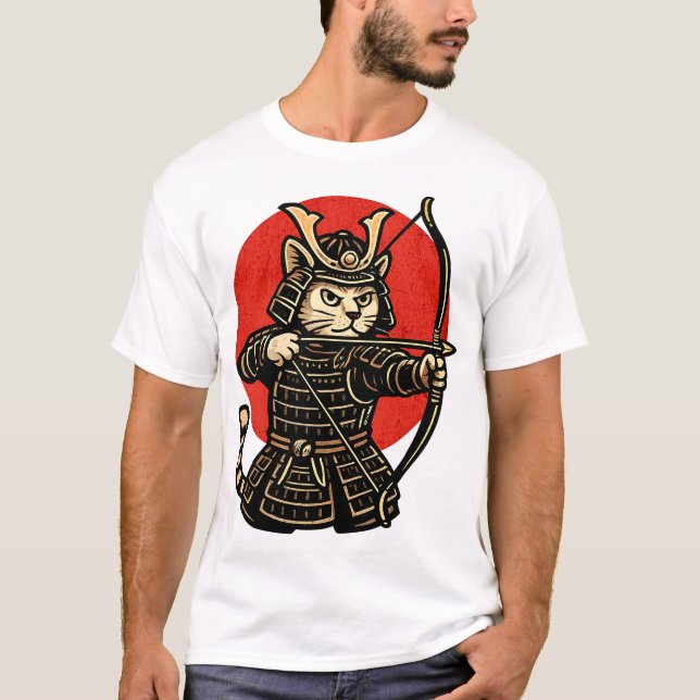 Samurai Cat Archer, Japanese Warrior Neko  T-Shirt (Front)