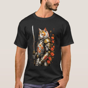Samurai Cat Armor Sword Japanese Warrior Floral Fa T-Shirt