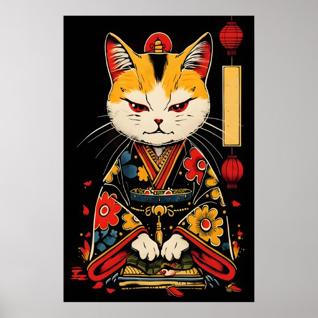 Samurai Cat Art Print – Japanese Kimono Warrior (Front)
