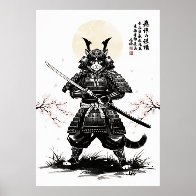 Samurai Cat Art Print with Katana Sword Japanese (Front)
