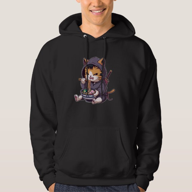 Samurai Cat Eating Ramen Kawaii Ninja Japanese Ani Hoodie (Front)