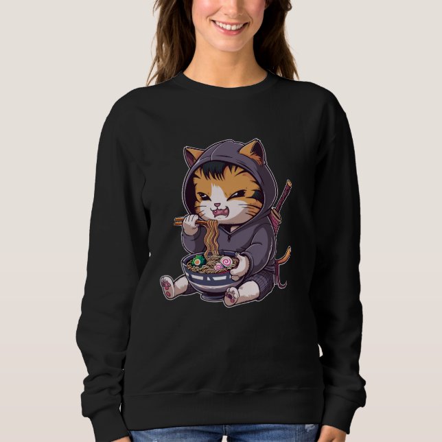Samurai Cat Eating Ramen Kawaii Ninja Japanese Ani Sweatshirt (Front)