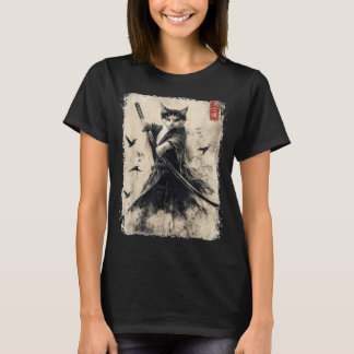 Samurai Cat Graphic Tee Warrior Vintage Japanese