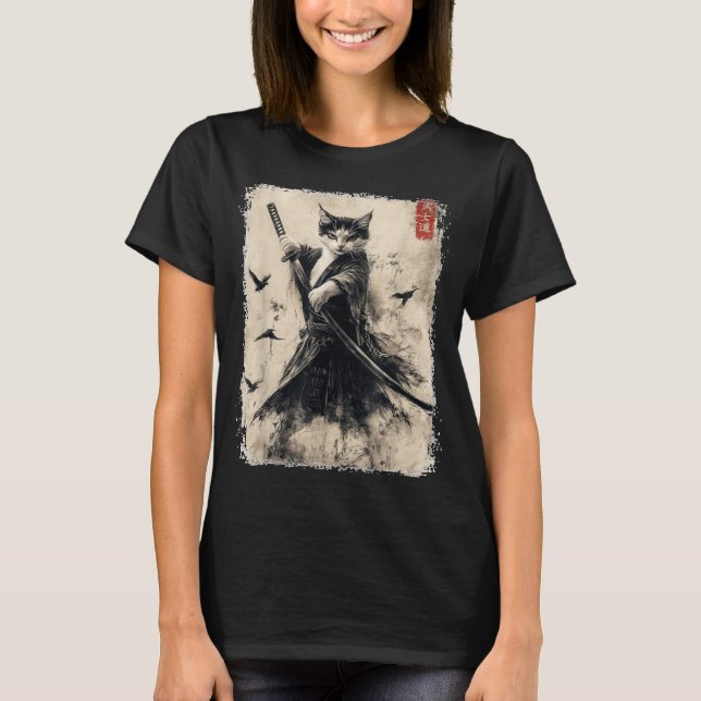 Samurai Cat Graphic Tee Warrior Vintage Japanese (Front)