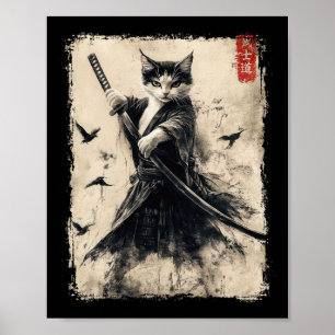 Samurai Cat Graphic Tee Warrior Vintage Japanese A Poster