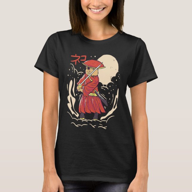 Samurai Cat Illustration  Japanese Cute Graphic T-Shirt (Front)