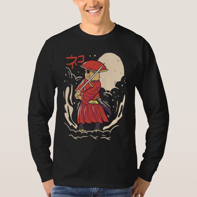 Samurai Cat Illustration  Japanese Cute Graphic T-Shirt (Front)