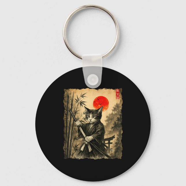 Samurai Cat Japanese Art Men Boys Funny Graphic Te Keychain (Front)