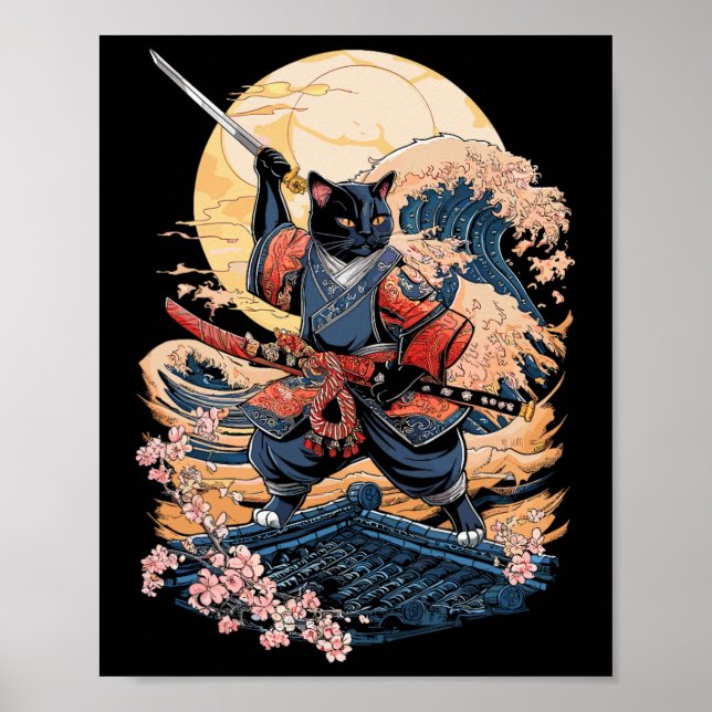 Samurai Cat Japanese Cat Anime Ninja  Poster (Front)