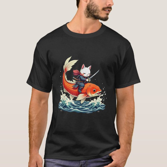 Samurai Cat Japanese Koi Fish T-Shirt (Front)
