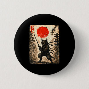 Samurai Cat Japanese Mens Boys Kids Graphic Anime Button