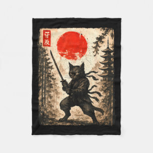Samurai Cat Japanese Mens Boys Kids Graphic Anime Fleece Blanket