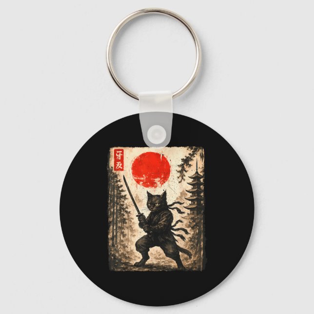 Samurai Cat Japanese Mens Boys Kids Graphic Anime  Keychain (Front)