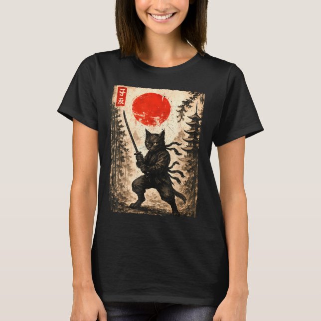 Samurai Cat Japanese Mens Boys Kids Graphic Anime  T-Shirt (Front)