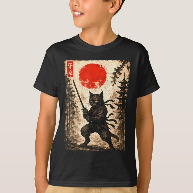 Samurai Cat Japanese Mens Boys Kids Graphic Anime  T-Shirt (Front)