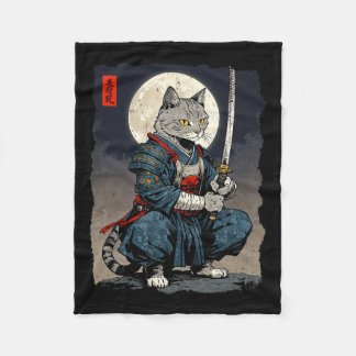 Samurai Cat Japanese Retro Fighter Cat Moon Ukiyo- Fleece Blanket