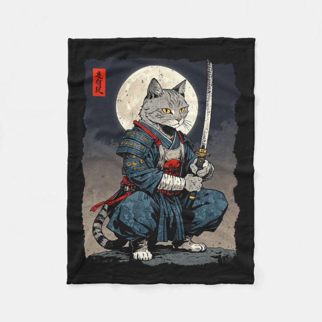 Samurai Cat Japanese Retro Fighter Cat Moon Ukiyo- Fleece Blanket (Front)