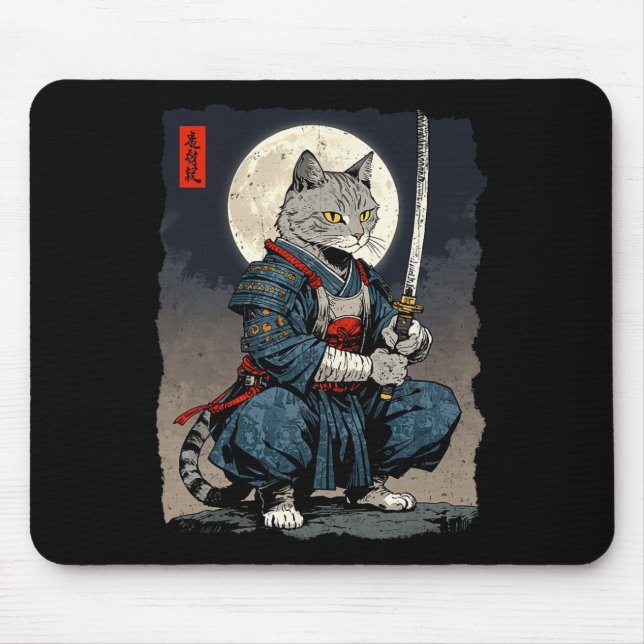Samurai Cat Japanese Retro Fighter Cat Moon Ukiyo- Mouse Pad (Front)