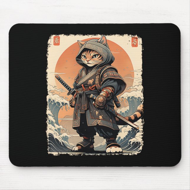 Samurai Cat Katana Full Gear Warrior Fighter Japan Mouse Pad (Front)