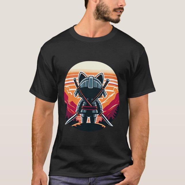 Samurai Cat Katanas Watching Sunset and Mountains T-Shirt (Front)