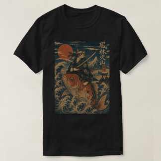 Samurai Cat on Koi Fish - Vintage Japanese T-Shirt