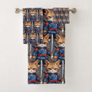 Samurai Cat Pixel Art Bath Towel Set