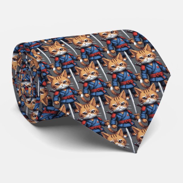Samurai Cat Pixel Art Neck Tie (Rolled)