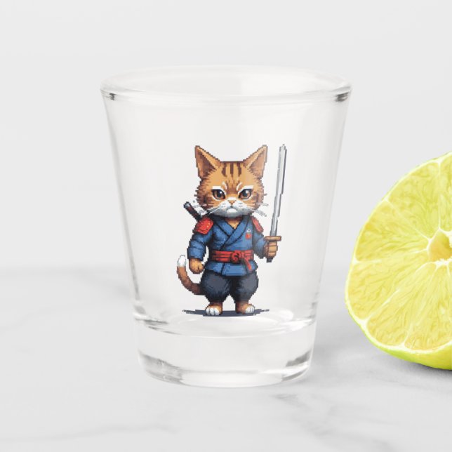Samurai Cat Pixel Art Shot Glass (Front)