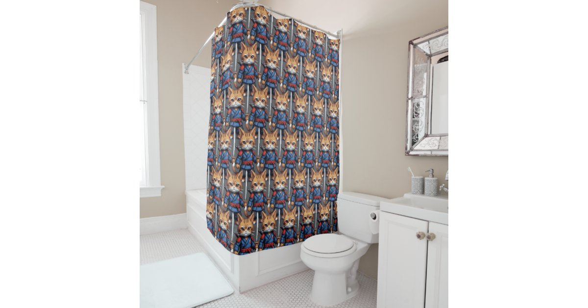 Samurai Cat Pixel Art Shower Curtain | Zazzle