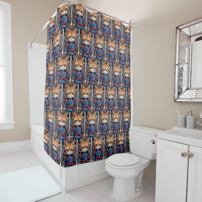 Samurai Cat Pixel Art Shower Curtain (In Situ)