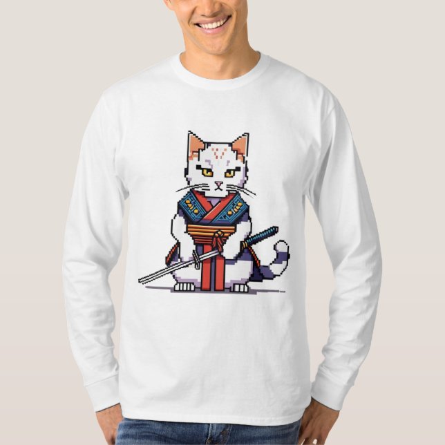 Samurai Cat Pixel Design T-Shirt (Front)