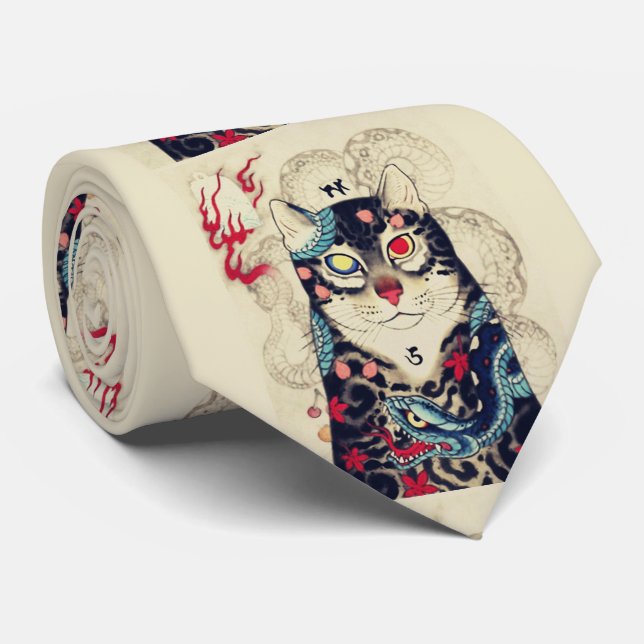 SAMURAI CAT PORTRAIT WITH SERPENT TATTOOS NECK TIE (Rolled)