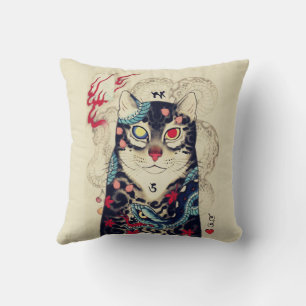 SAMURAI CAT PORTRAIT WITH SERPENT TATTOOS THROW PILLOW