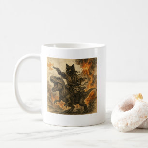 Samurai Cat Riding Dinosaur in Volcanic Eruption Coffee Mug