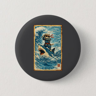 Samurai Cat Riding Shark Retro Wave Warrior Funny Button