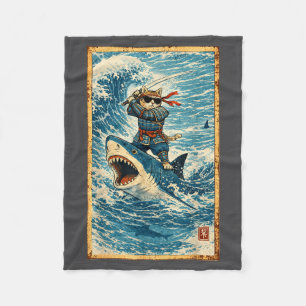 Samurai Cat Riding Shark Retro Wave Warrior Funny Fleece Blanket