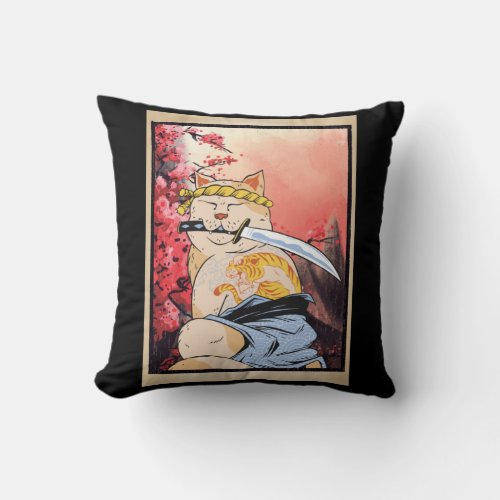 Samurai Cat Swordsman Ninja Kitten Japanese Throw Pillow