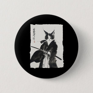 Samurai Cat Tee Vintage Ukiyo-e Warrior Art Graphi Button
