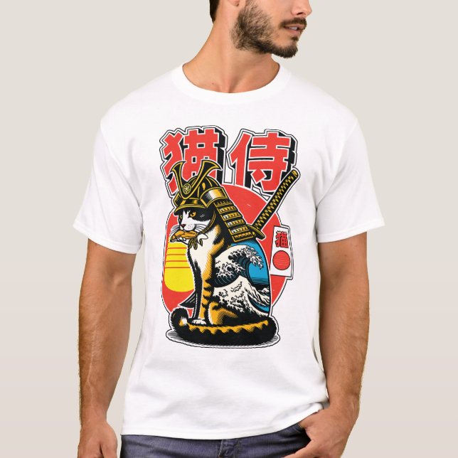 Samurai Cat Warrior – Bold Japanese Wave Tattoo T-Shirt (Front)